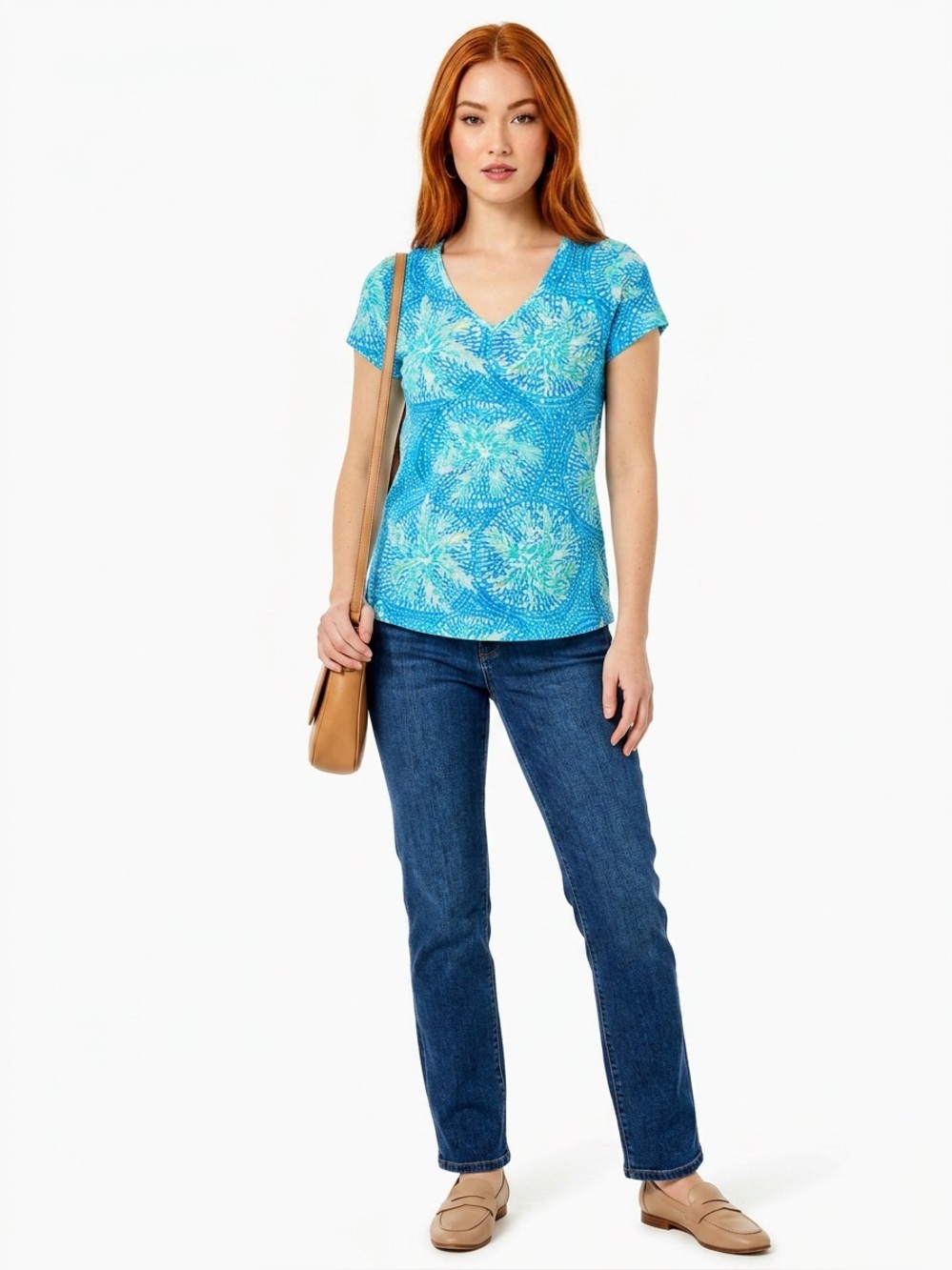 Lilly Pulitzer Turquoise Blue Aqua Floral Print V-Neck Short Sleeve Top Sz S